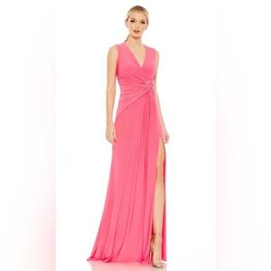 Mac Duggal Pink Sleeveless V-Neck Maxi Gown with Side Slit